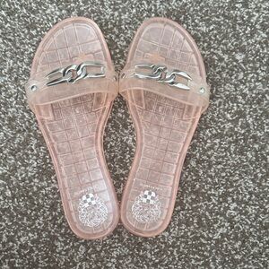 Vince Camuto Blush Pink Transparent Slide Sandals with Silver Chain